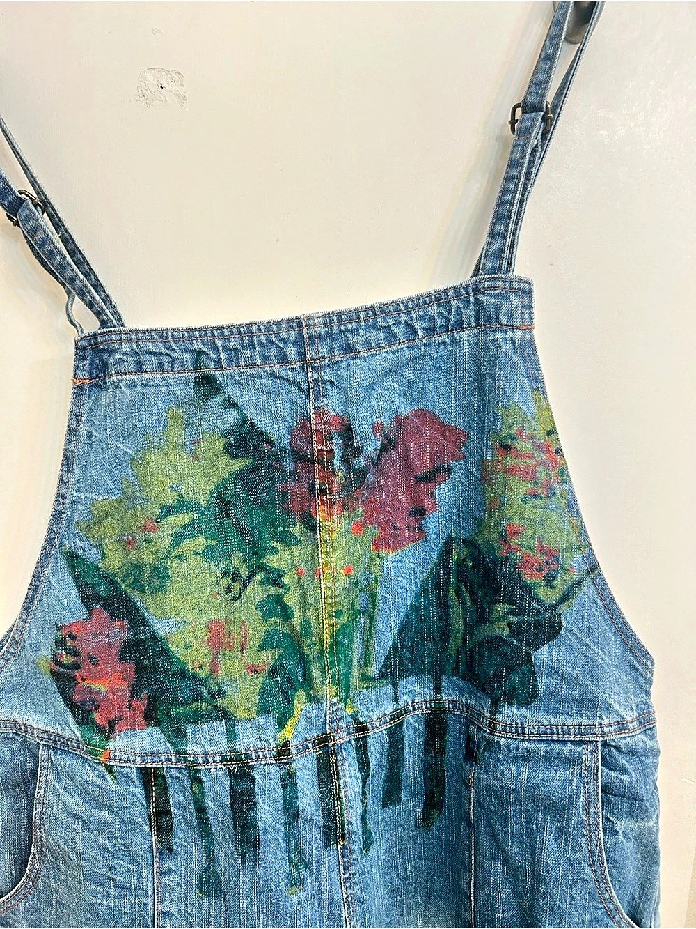Monthorigin Floral Distressed Denim Overalls in Blue